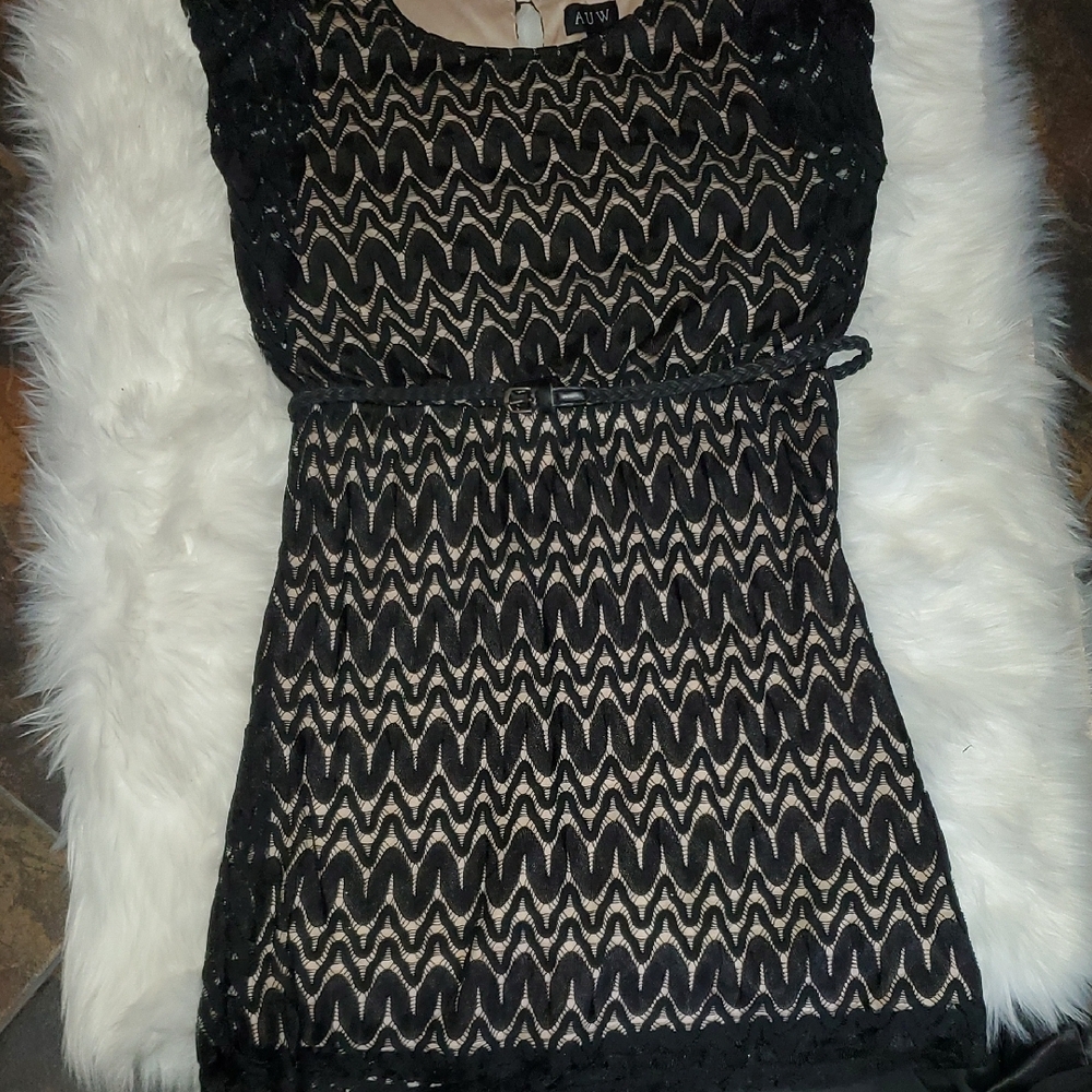 AUW Black Lace Overlay Mini Dress with Nude Lining